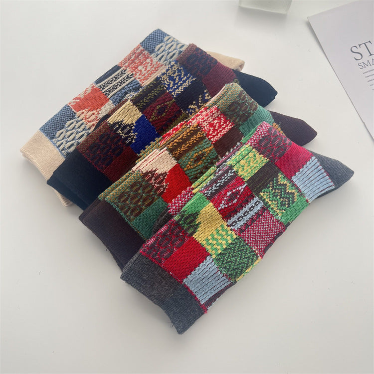 Patchwork Jacquard Vintage Crew Socks - Coffee - 2