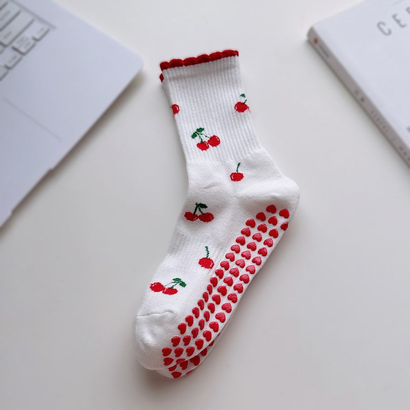 Ruffle Cuff Grip Socks With Embroidered Motifs - Cherry