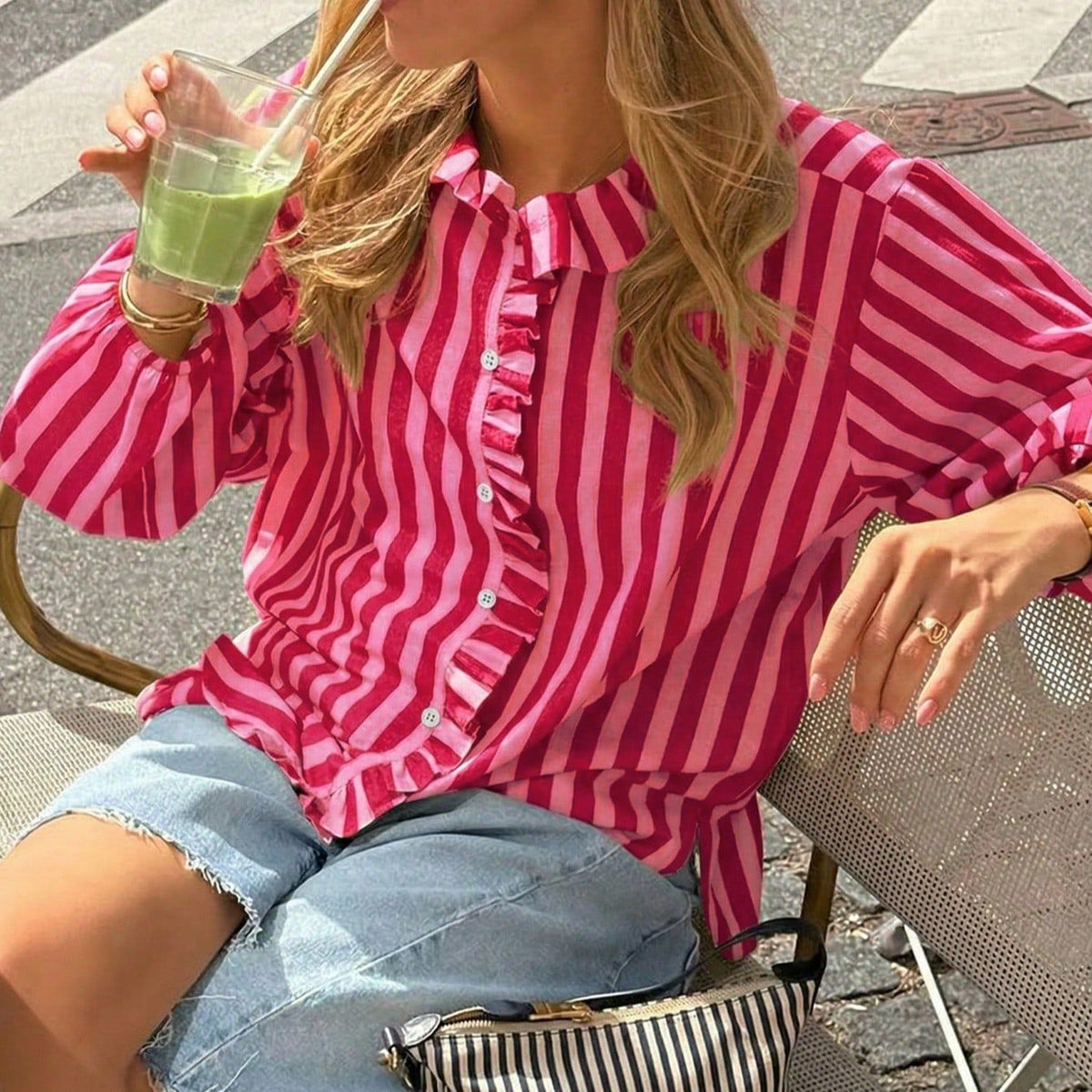 Striped Ruffle Placket Oversized Button Shirt - Red