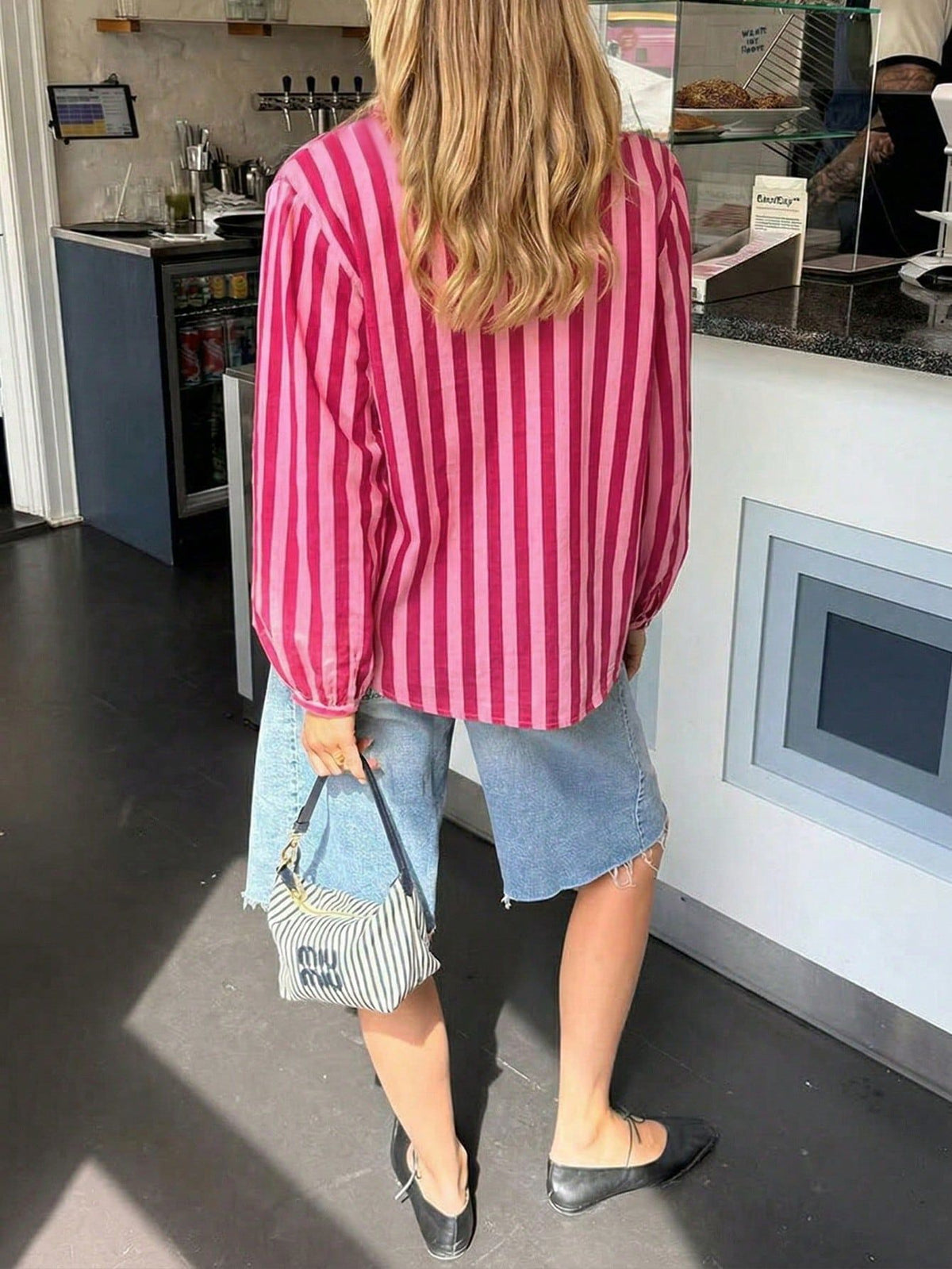 Striped Ruffle Placket Oversized Button Shirt - Red - 1