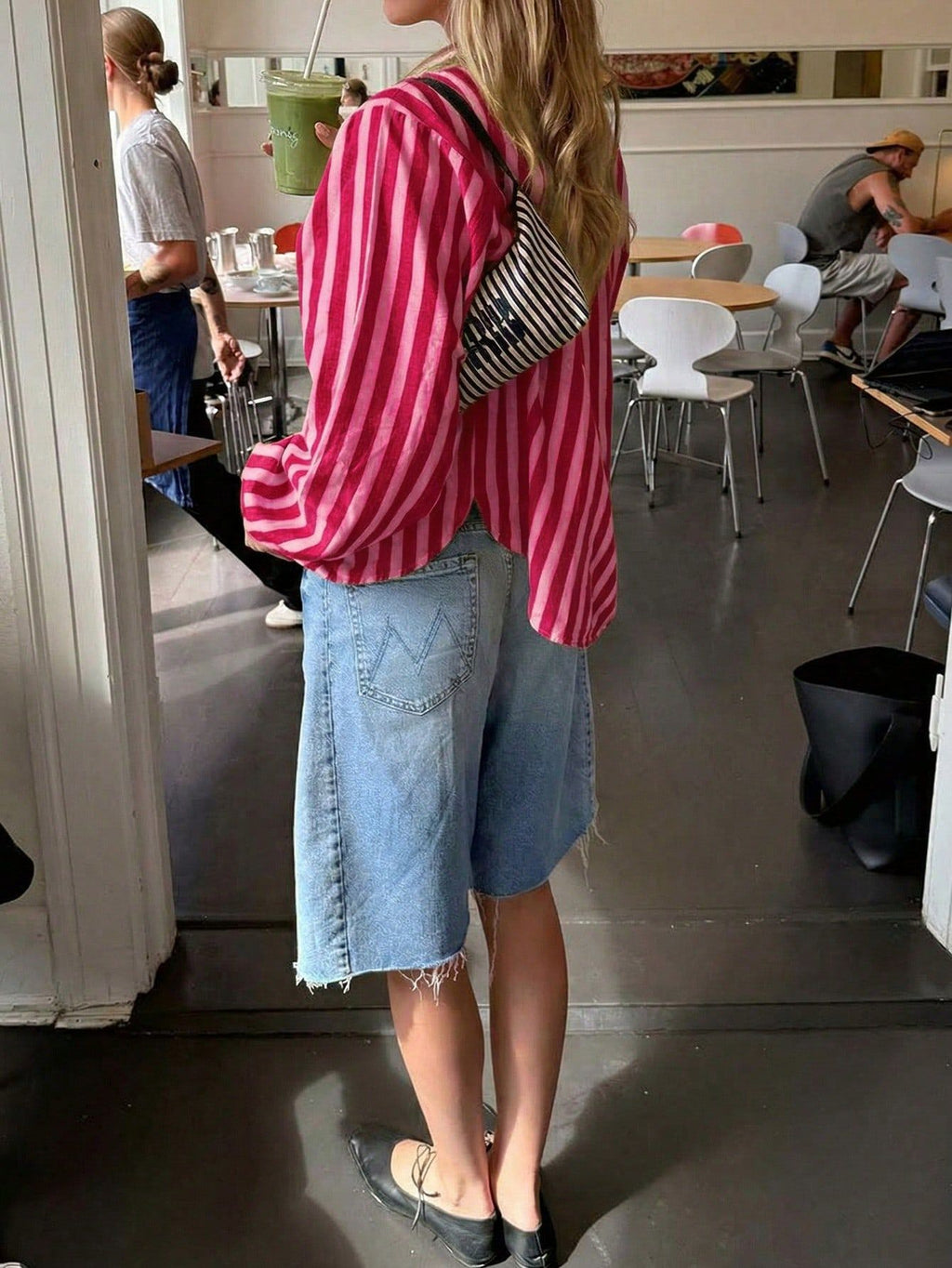 Striped Ruffle Placket Oversized Button Shirt - Red - 3