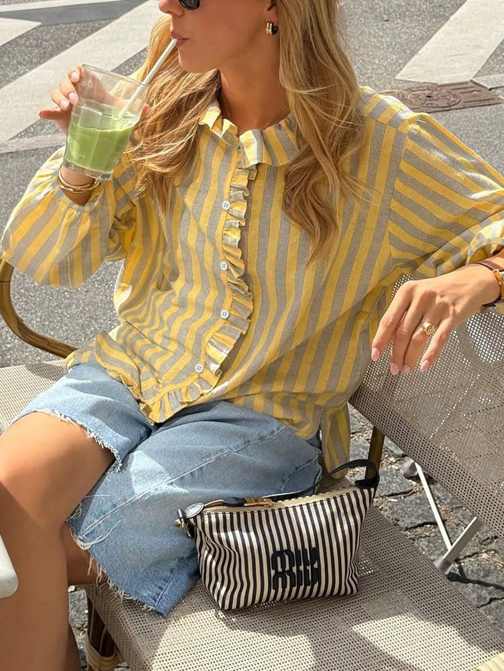 Striped Ruffle Placket Oversized Button Shirt - Yellow