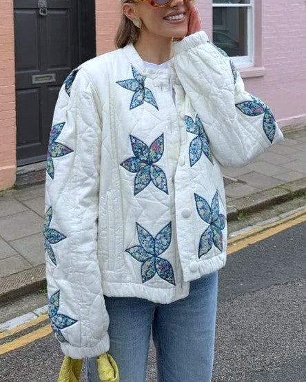 Star Flower Applique Quilted Jacket - White