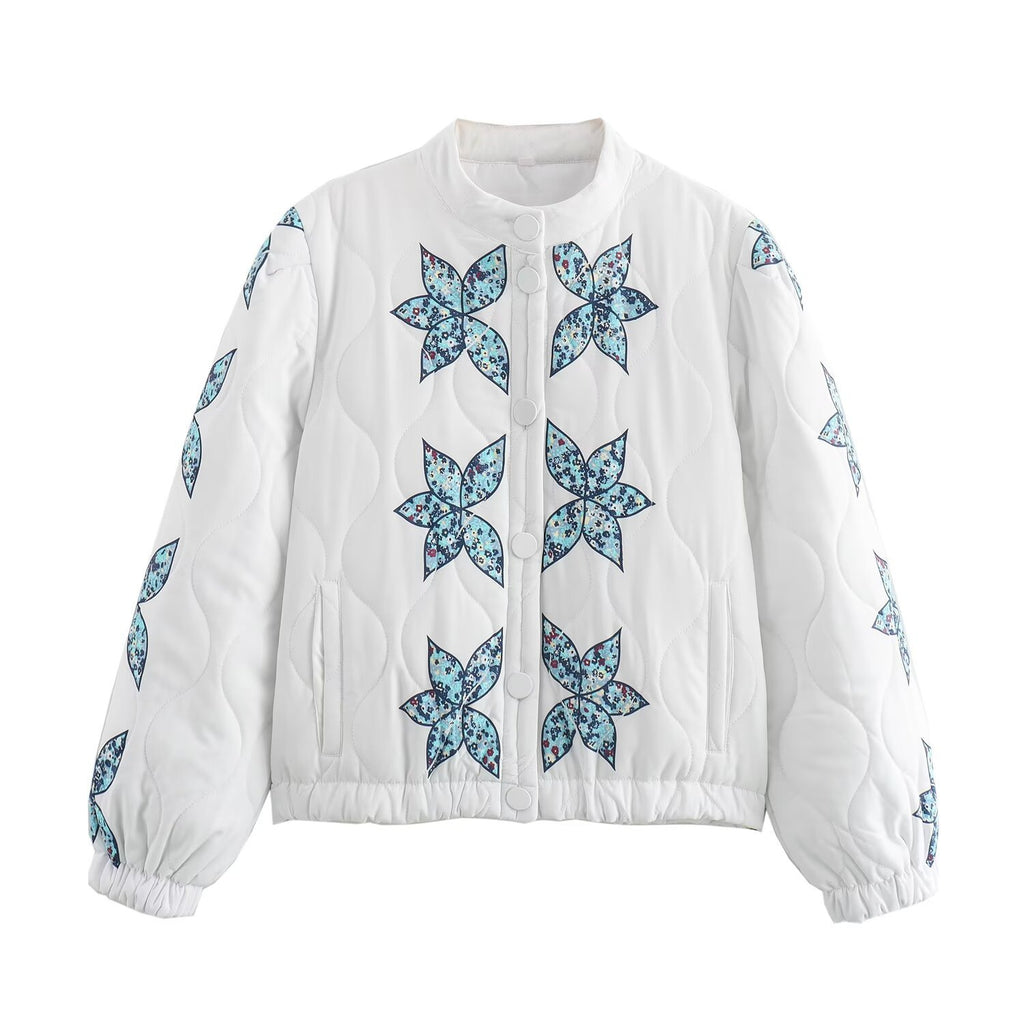 Star Flower Applique Quilted Jacket - White - 1