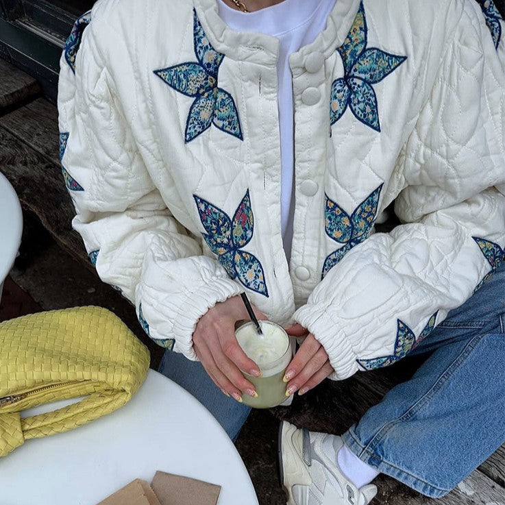 Star Flower Applique Quilted Jacket - White - 2