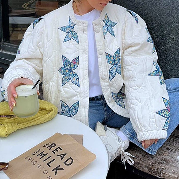 Star Flower Applique Quilted Jacket - White - 4