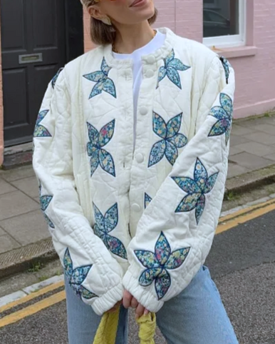 Star Flower Applique Quilted Jacket - White - 5