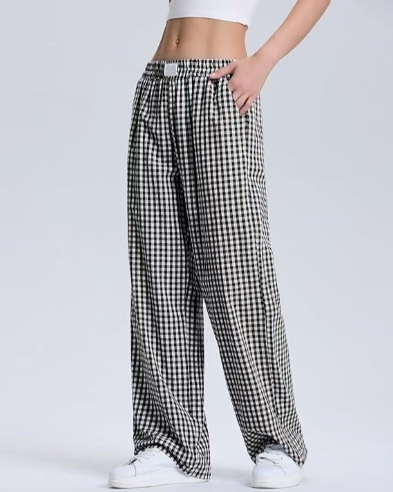 Gingham Check Wide Leg Casual Pants - Black