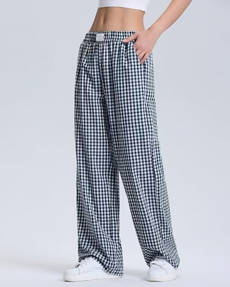 Gingham Check Wide Leg Casual Pants - Blue