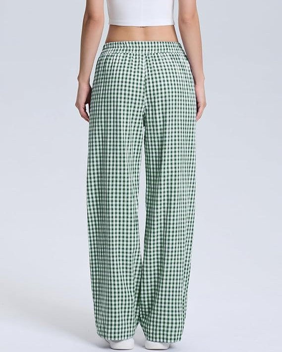 Gingham Check Wide Leg Casual Pants - Green