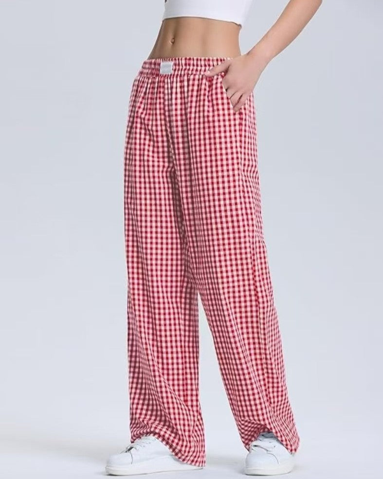 Gingham Check Wide Leg Casual Pants - Red