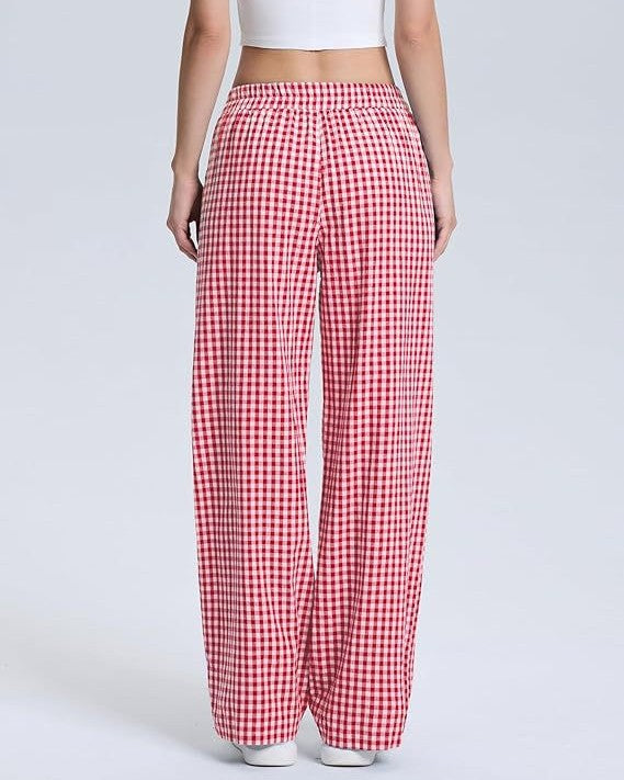 Gingham Check Wide Leg Casual Pants - Red - 1