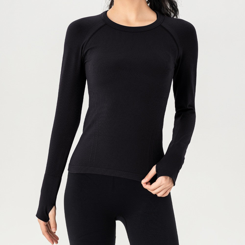 Seamless Ribbed Raglan Long Sleeve Workout Top - Black