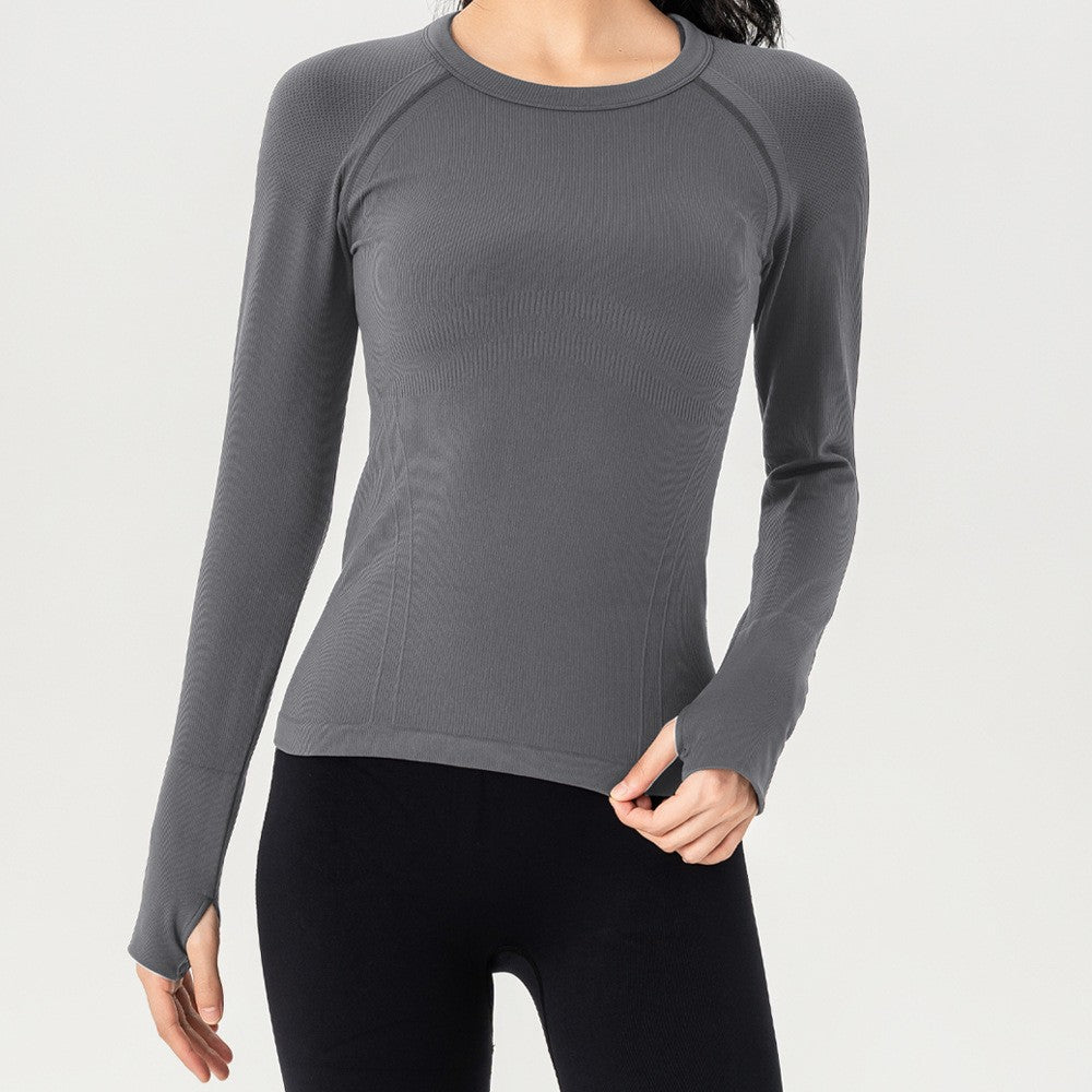 Seamless Ribbed Raglan Long Sleeve Workout Top - Light Gray