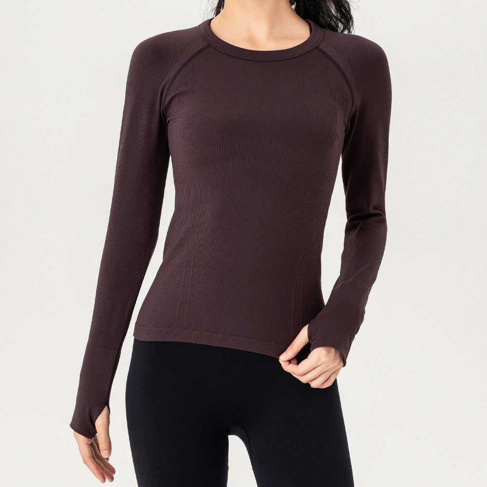 Seamless Ribbed Raglan Long Sleeve Workout Top - Plum