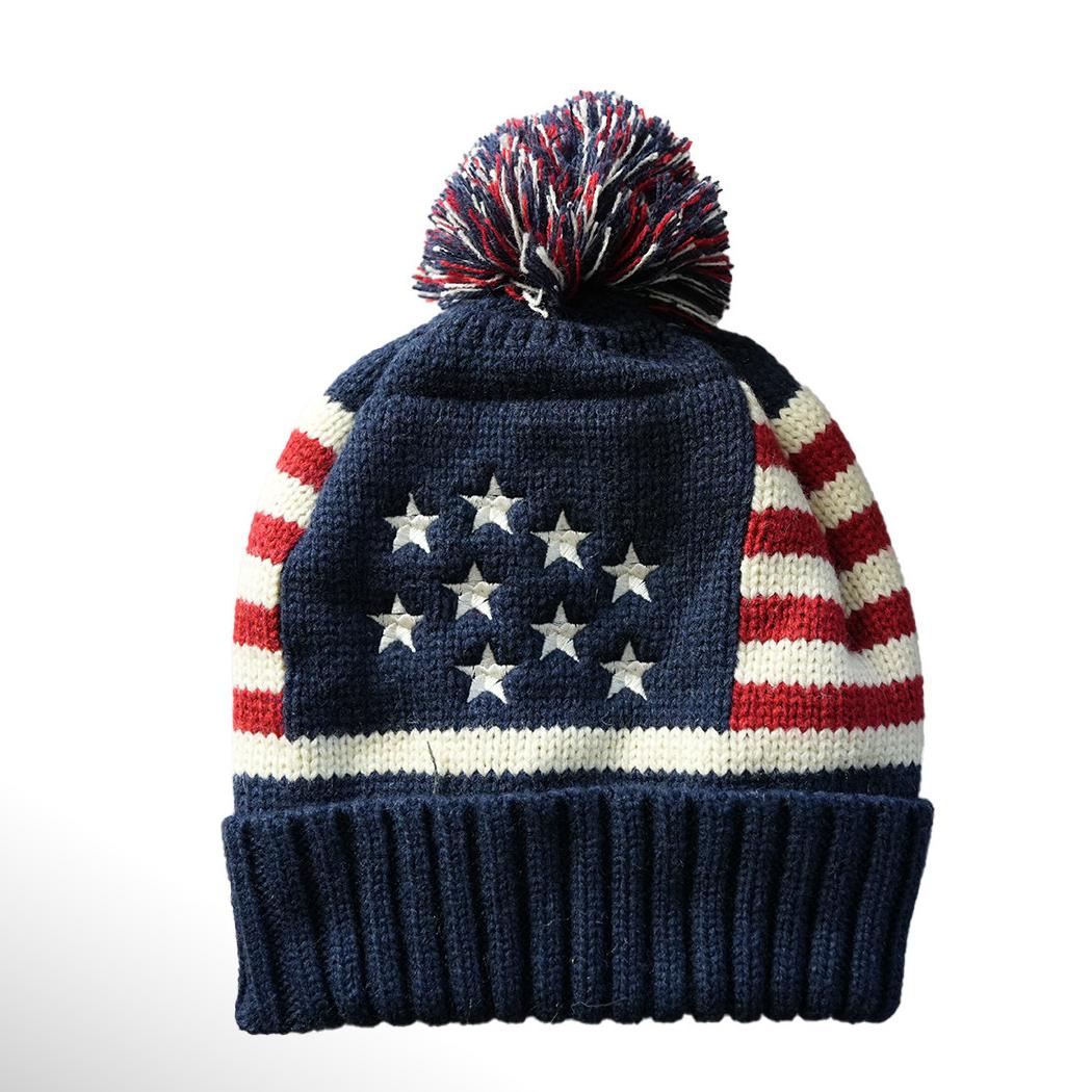 Stars And Stripes Knit Pom Beanie - Blue - 1