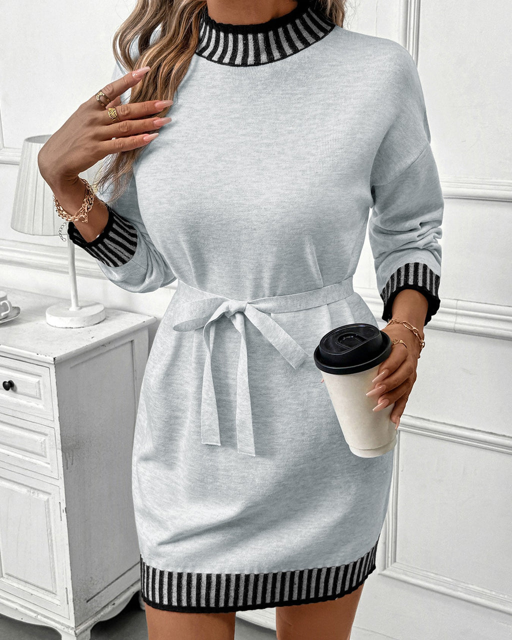Contrast Trim Mock Neck Tie Waist Sweater Dress - Gray - 2