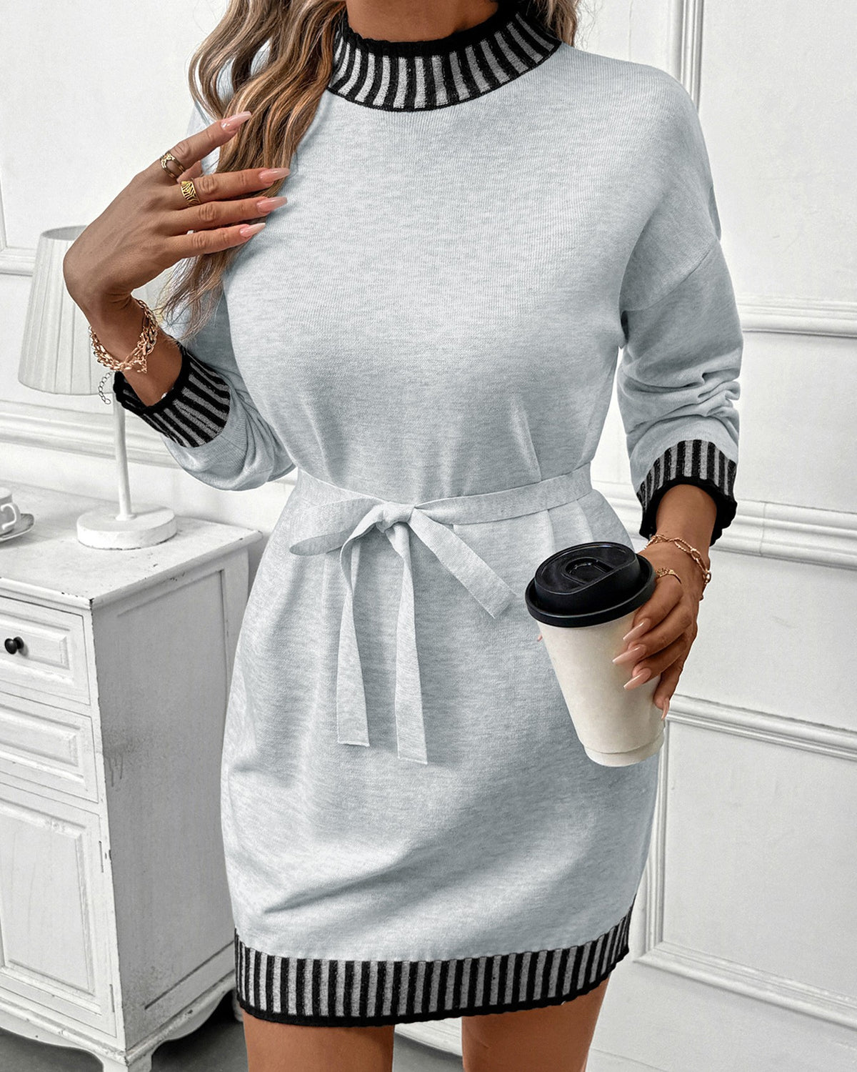 Contrast Trim Mock Neck Tie Waist Sweater Dress - Gray - 2