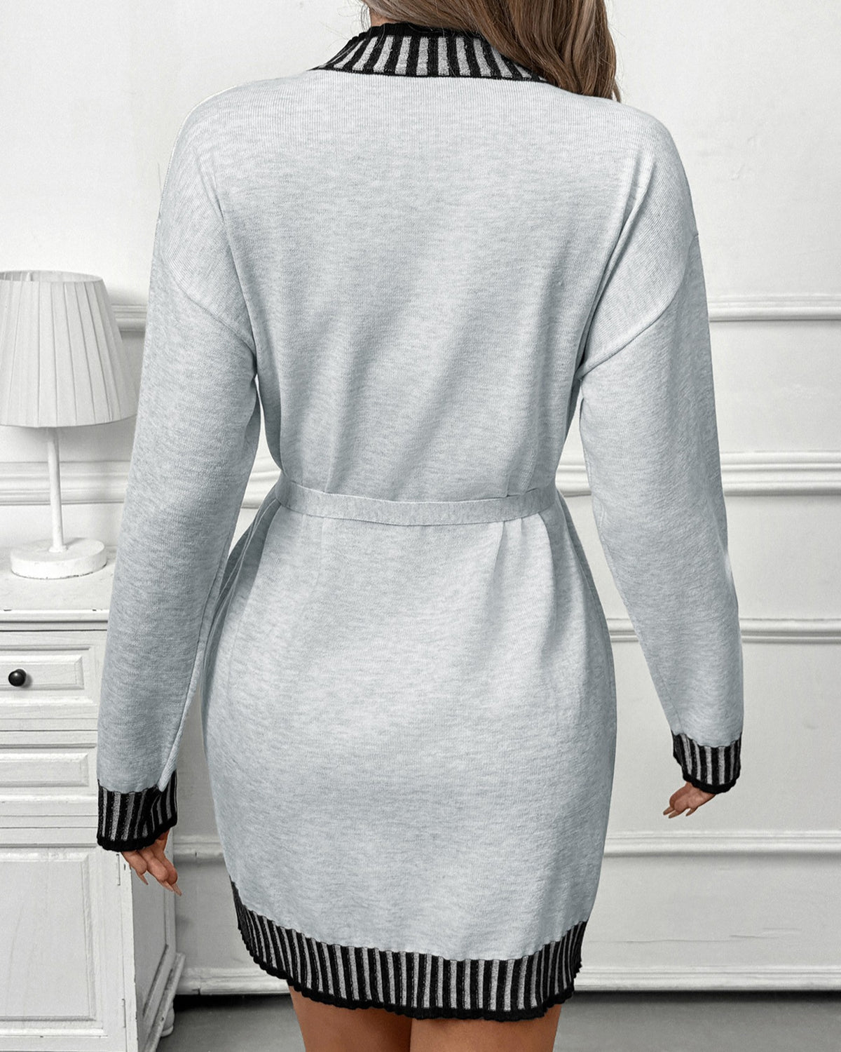 Contrast Trim Mock Neck Tie Waist Sweater Dress - Gray - 3