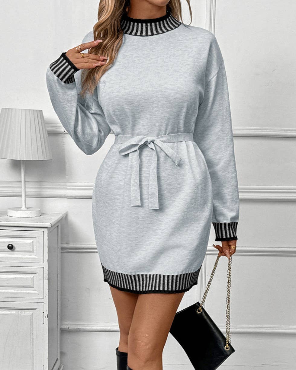 Contrast Trim Mock Neck Tie Waist Sweater Dress