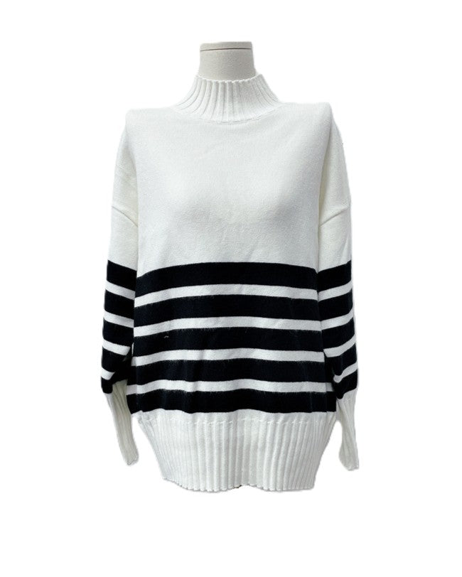 Striped Mock Neck Oversized Knit Sweater - White - 1