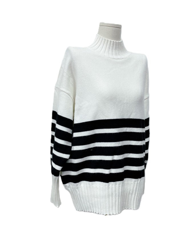 Striped Mock Neck Oversized Knit Sweater - White - 2