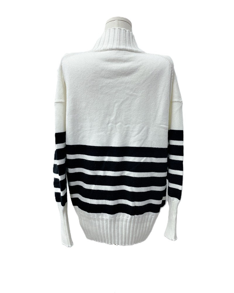 Striped Mock Neck Oversized Knit Sweater - White - 3