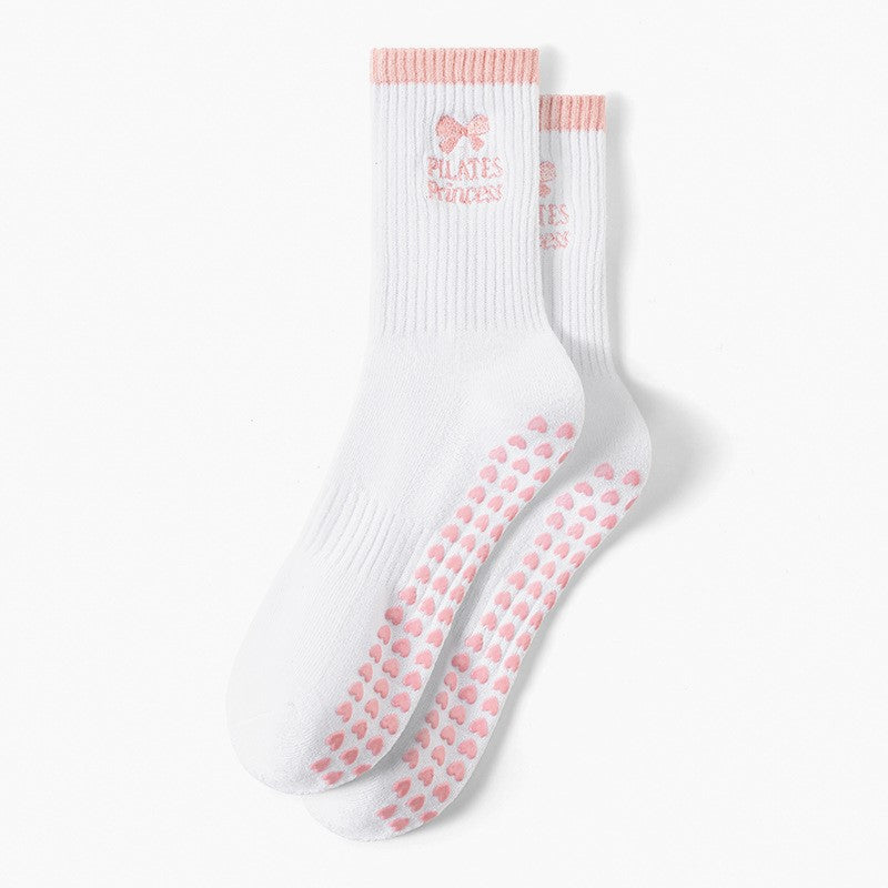 Ribbed Bow Grip Socks With Heart Sole - White