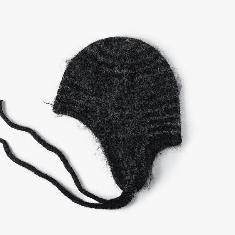 Striped Mohair Earflap Trapper Beanie - Black