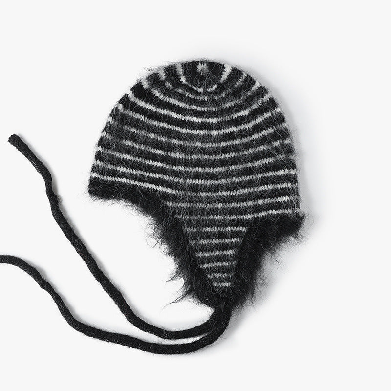 Striped Mohair Earflap Trapper Beanie - Black-White