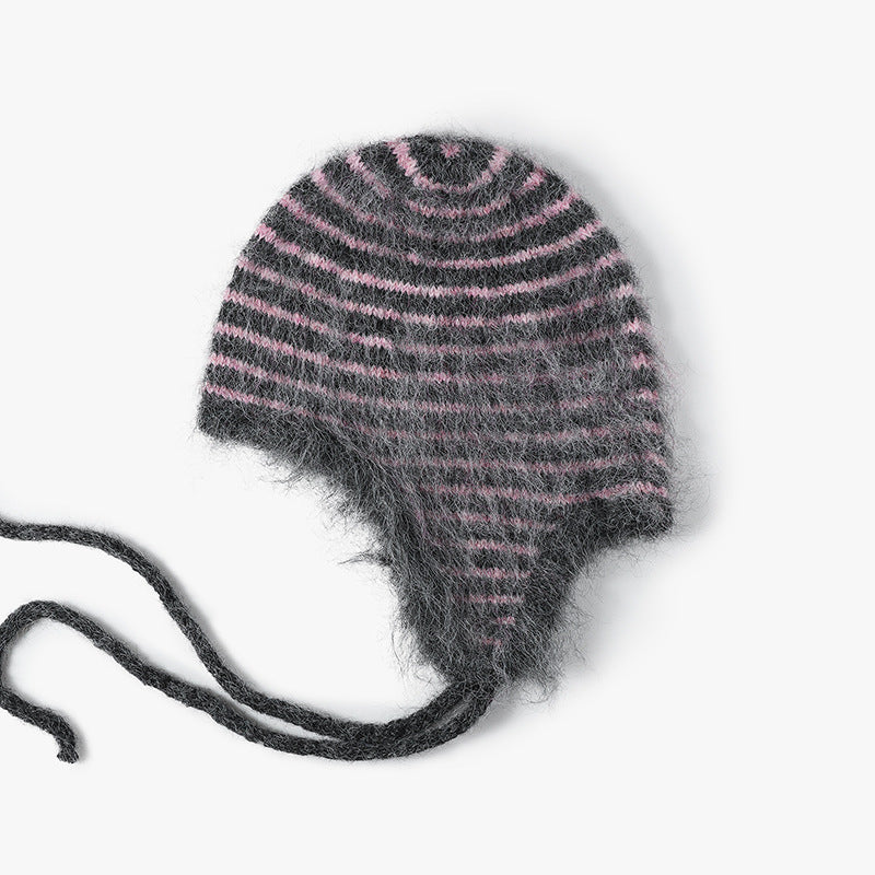 Striped Mohair Earflap Trapper Beanie - Dark-Gray