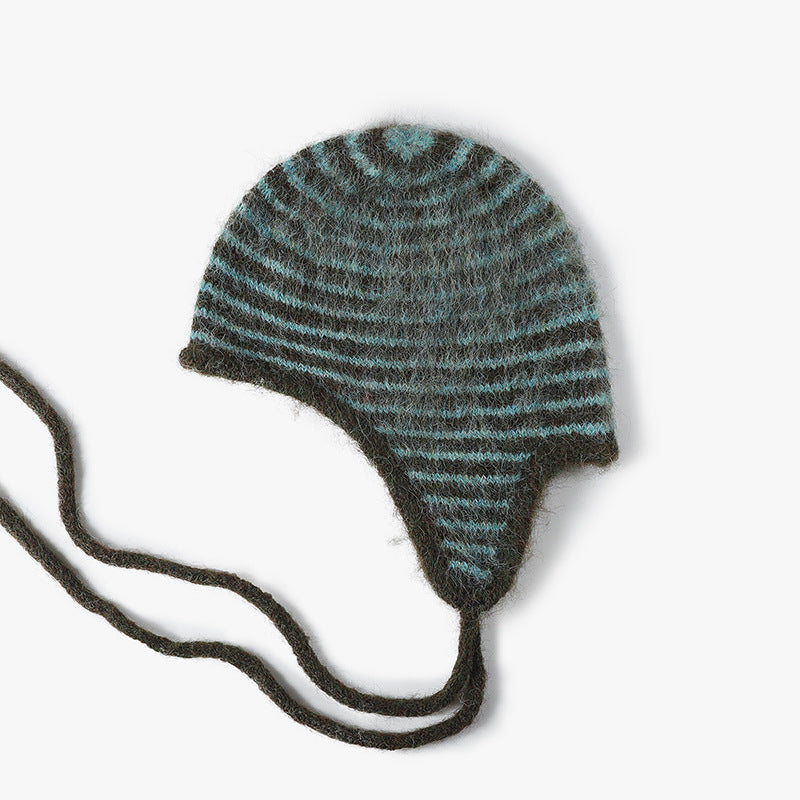 Striped Mohair Earflap Trapper Beanie - Green