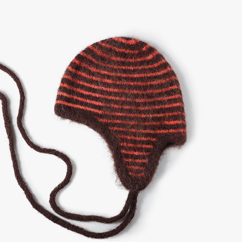 Striped Mohair Earflap Trapper Beanie - Orange