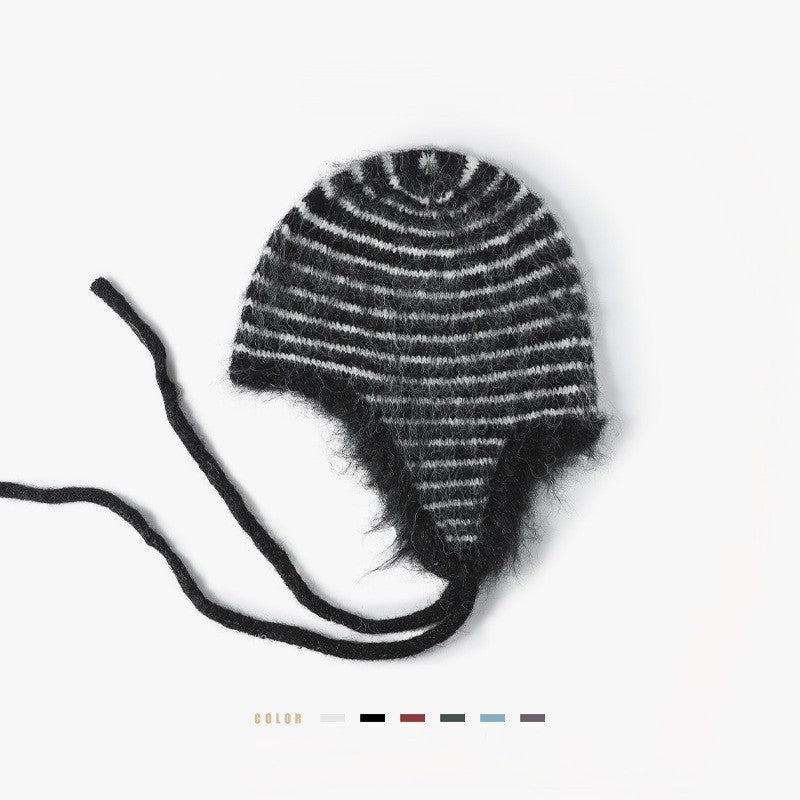 Striped Mohair Earflap Trapper Beanie