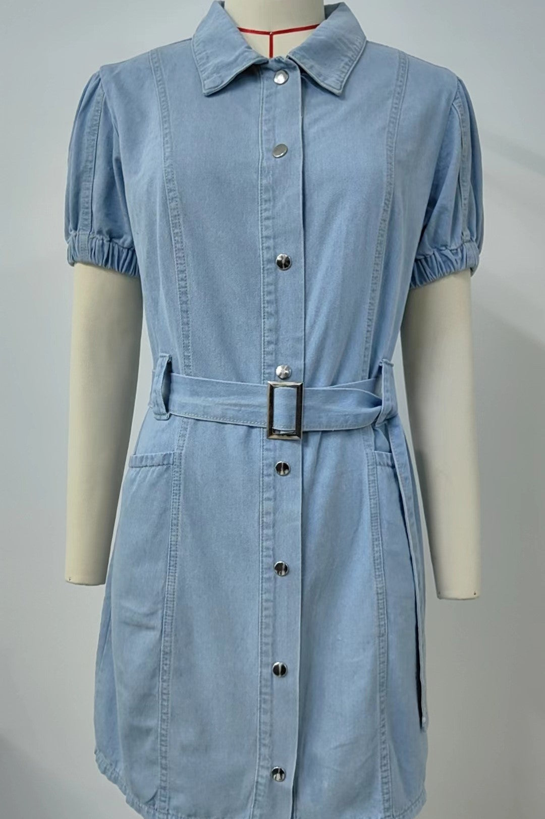 Belted Button Front Denim Shirt Dress - Blue - 1