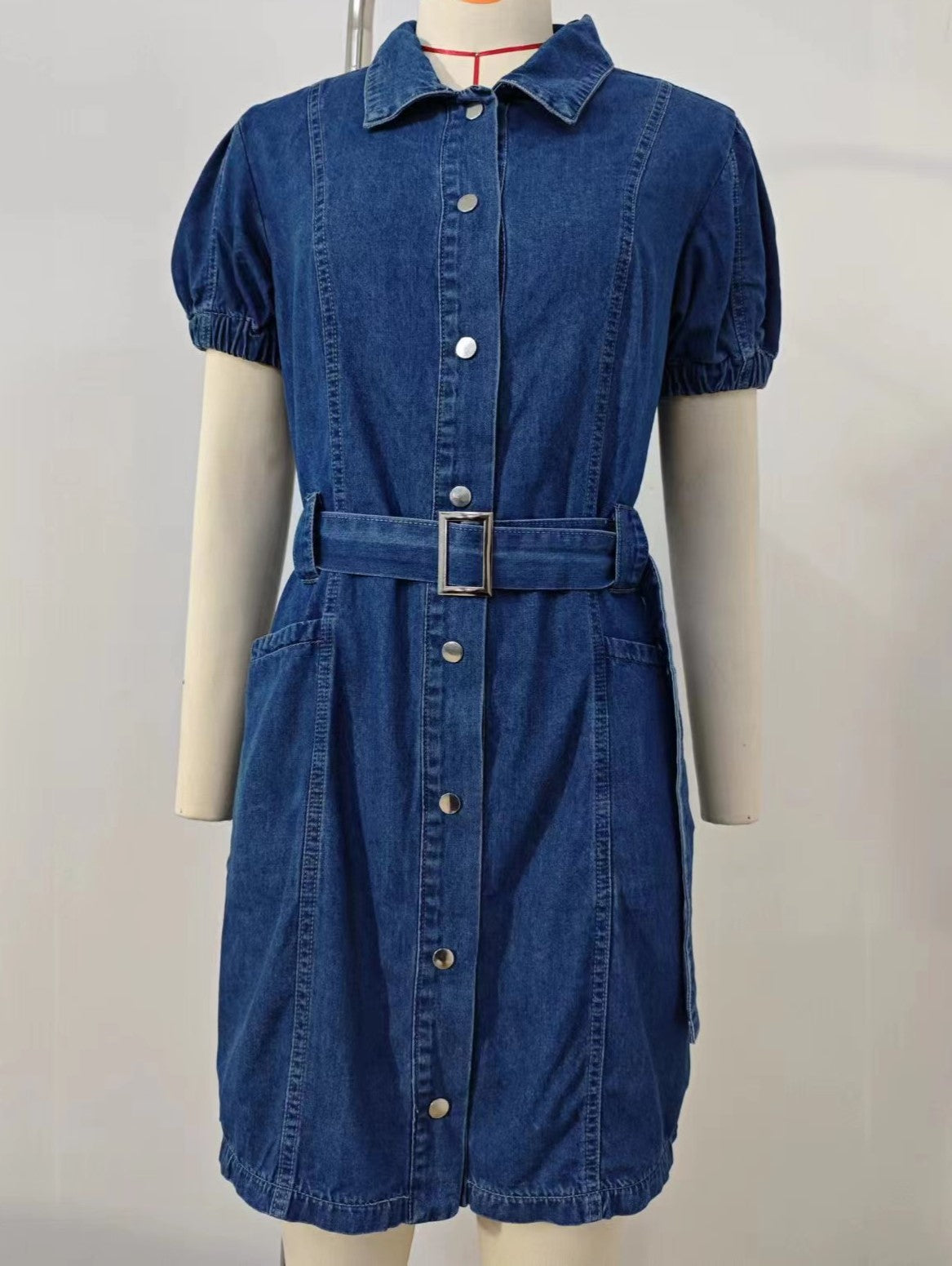 Belted Button Front Denim Shirt Dress - Darkblue - 3