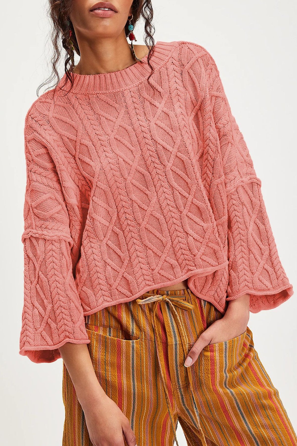 Cable Knit Tiered Flare Sleeve Sweater - Peach