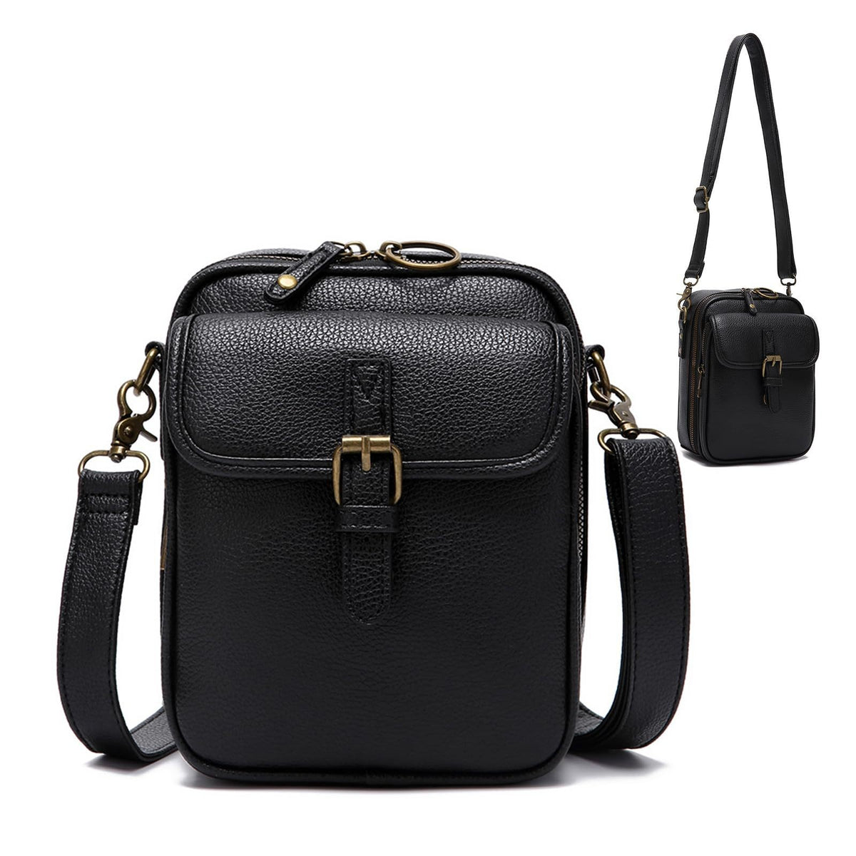Buckle Flap Mini Messenger Crossbody Bag - Black