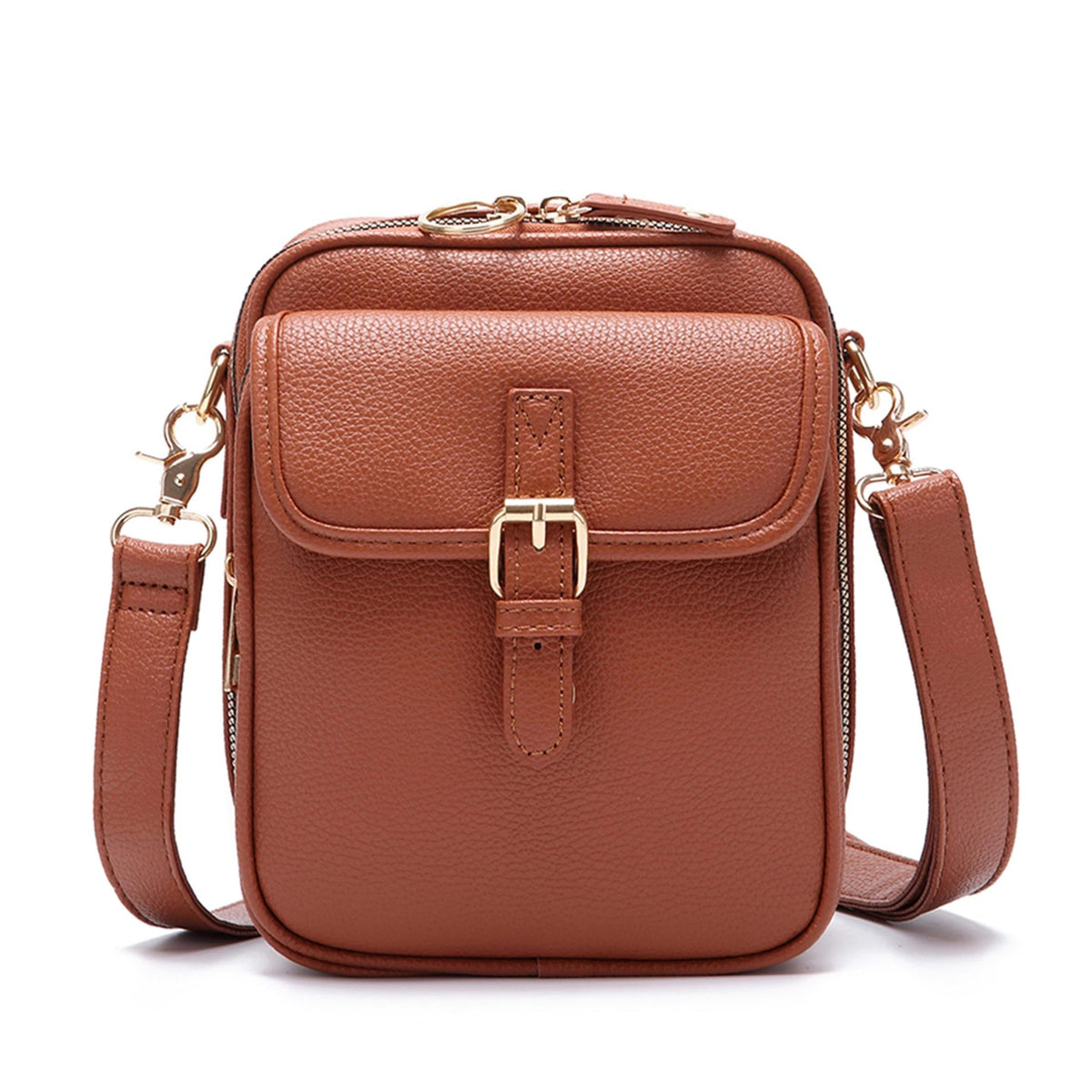 Buckle Flap Mini Messenger Crossbody Bag - Cognac
