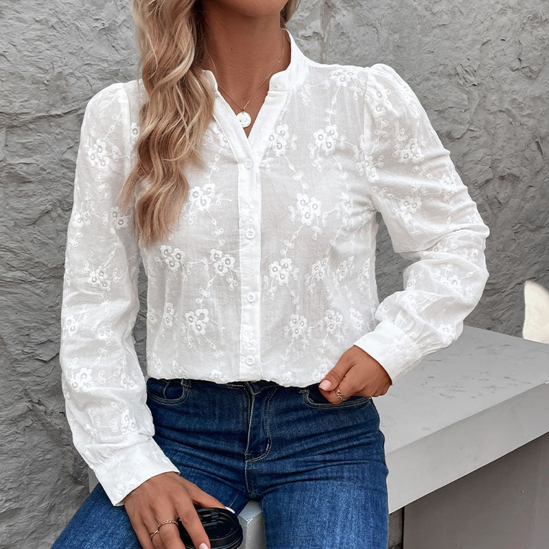 Floral Eyelet Embroidered Button Front Blouse - White - 2