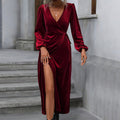 Velvet Wrap Thigh Slit Long Sleeve Maxi Dress - Burgundy