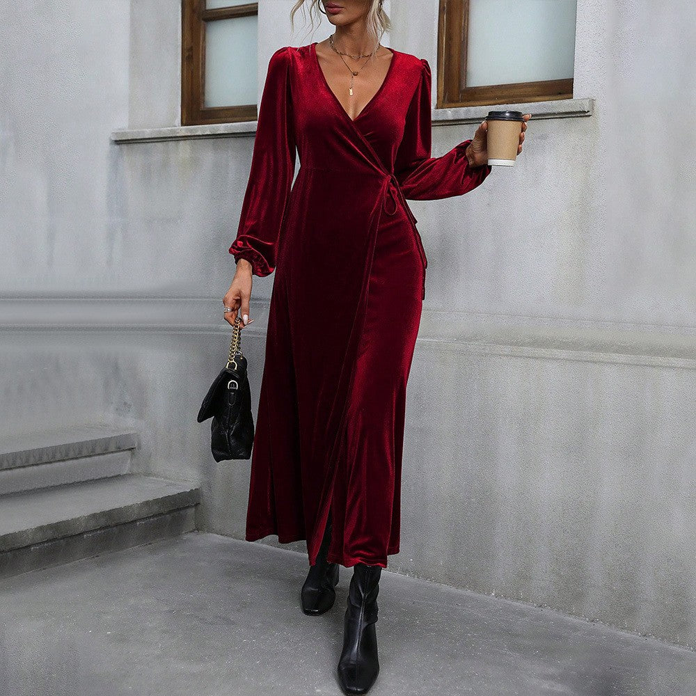 Velvet Wrap Thigh Slit Long Sleeve Maxi Dress