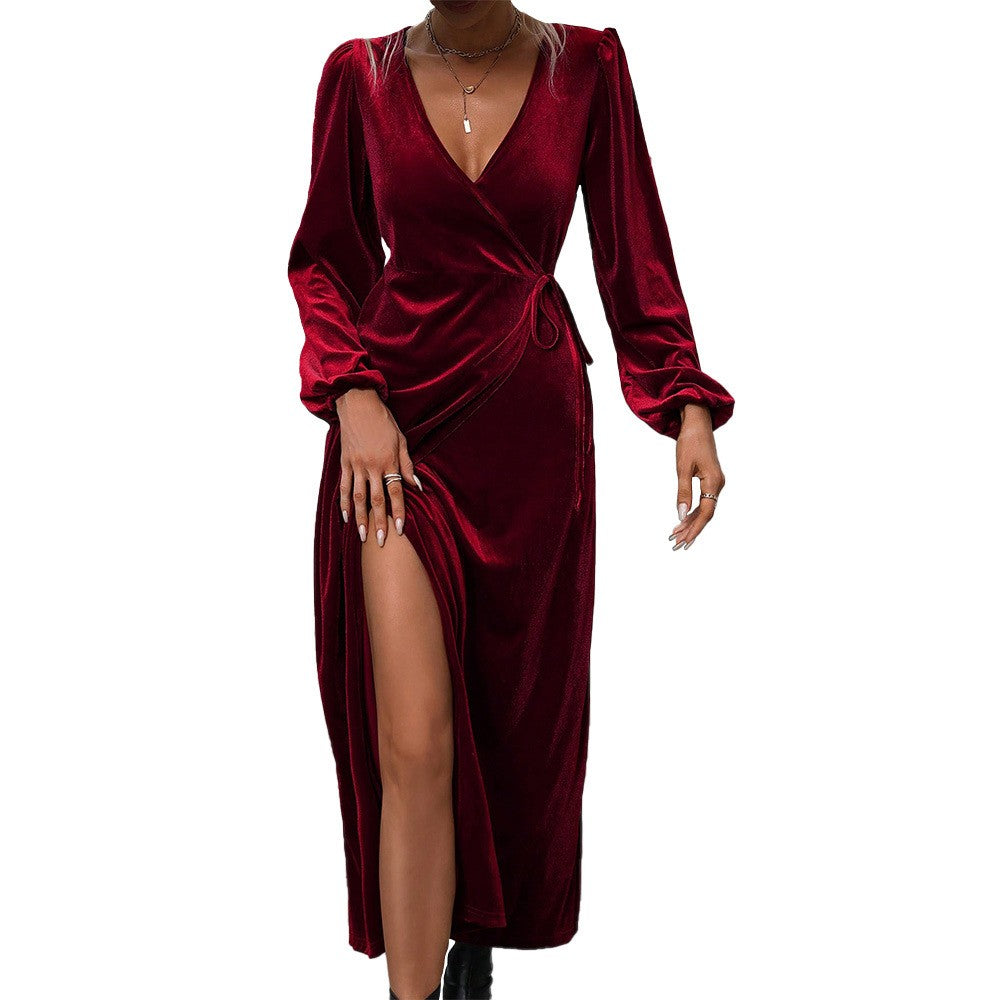 Velvet Wrap Thigh Slit Long Sleeve Maxi Dress