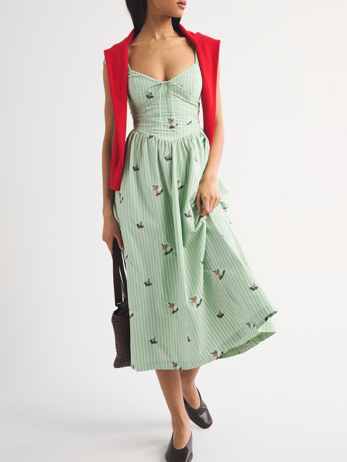 Embroidered Sweetheart Midi Dress With Pockets - view 1