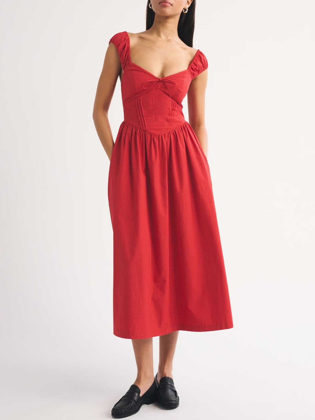 Embroidered Sweetheart Midi Dress With Pockets - view 2
