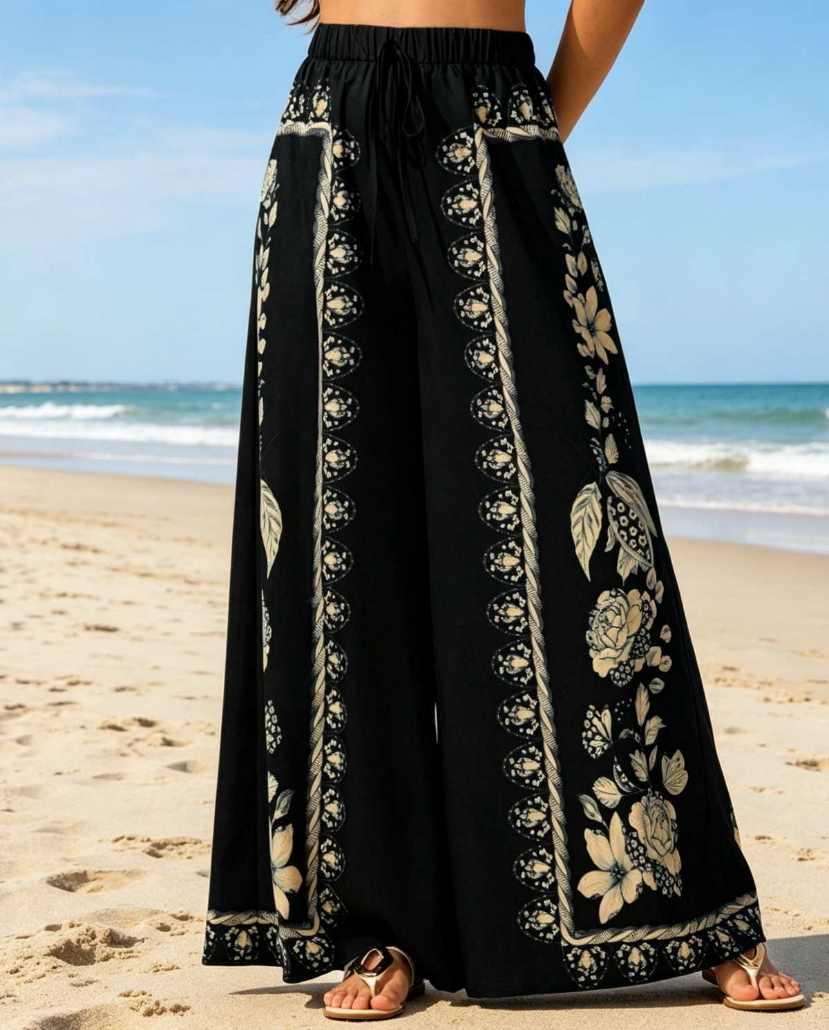 Boho Border Print Flowy Palazzo Pants - Black