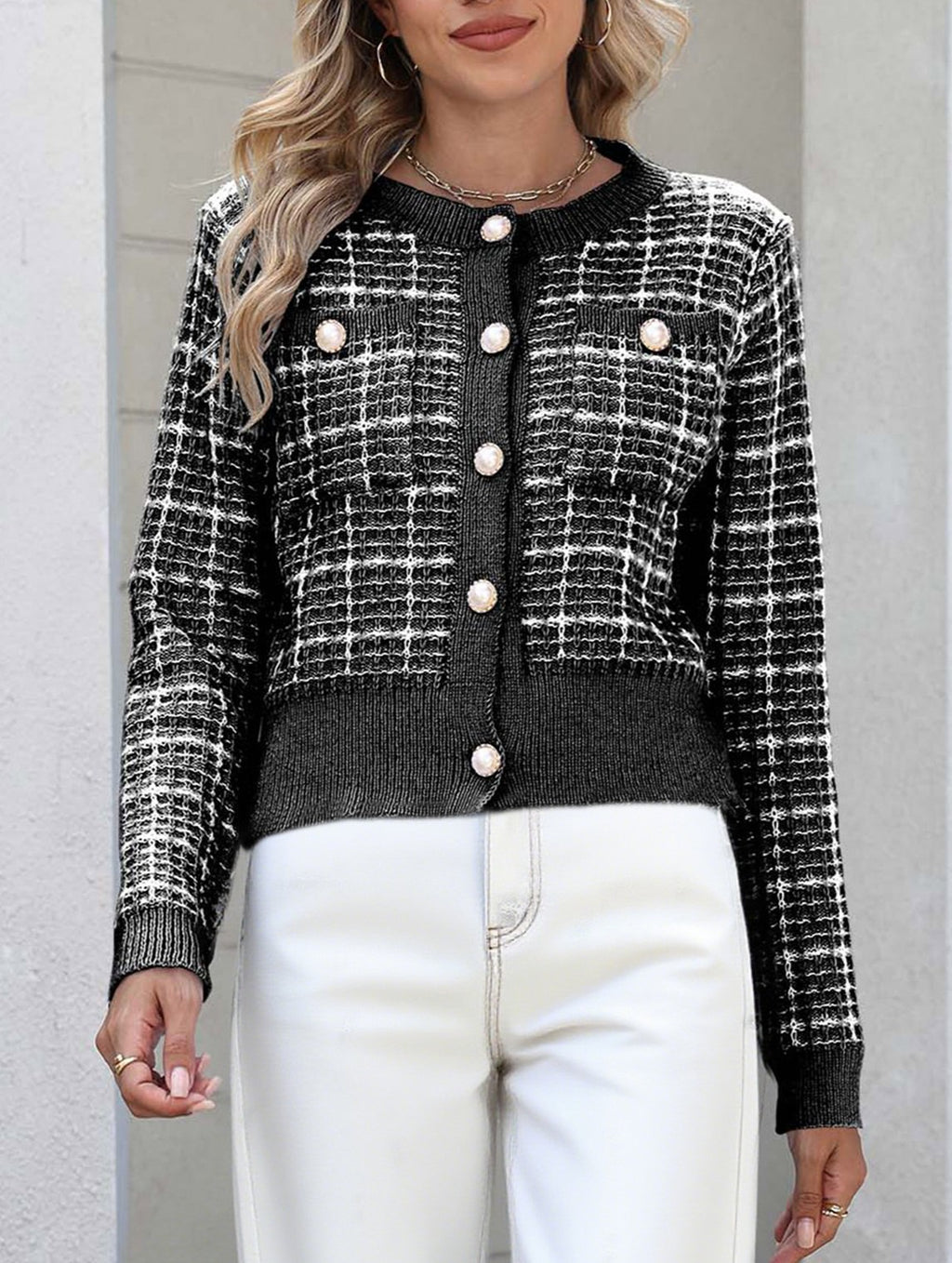 Cropped Windowpane Knit Cardigan With Pearl Buttons - Black