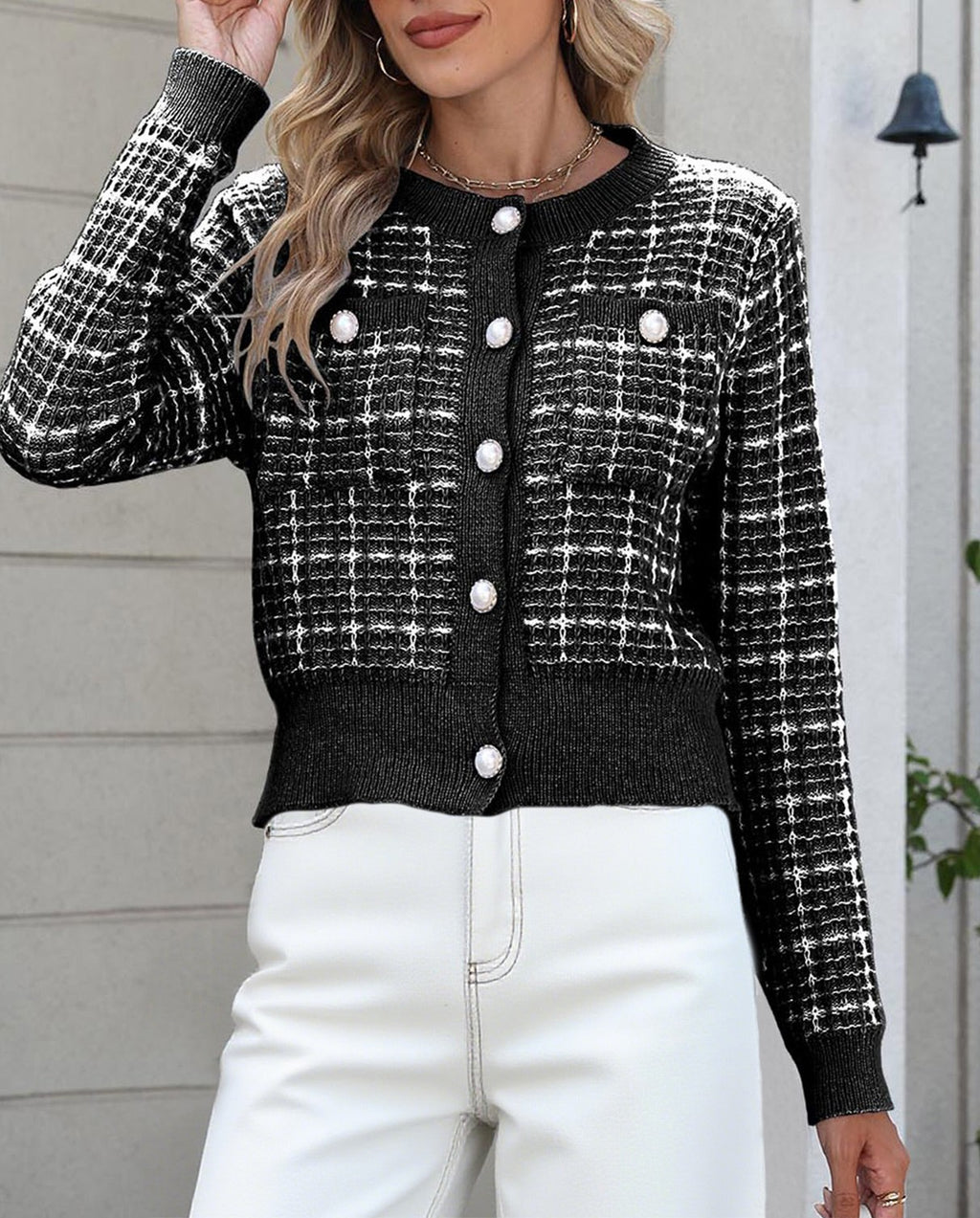 Cropped Windowpane Knit Cardigan With Pearl Buttons - Black - 1