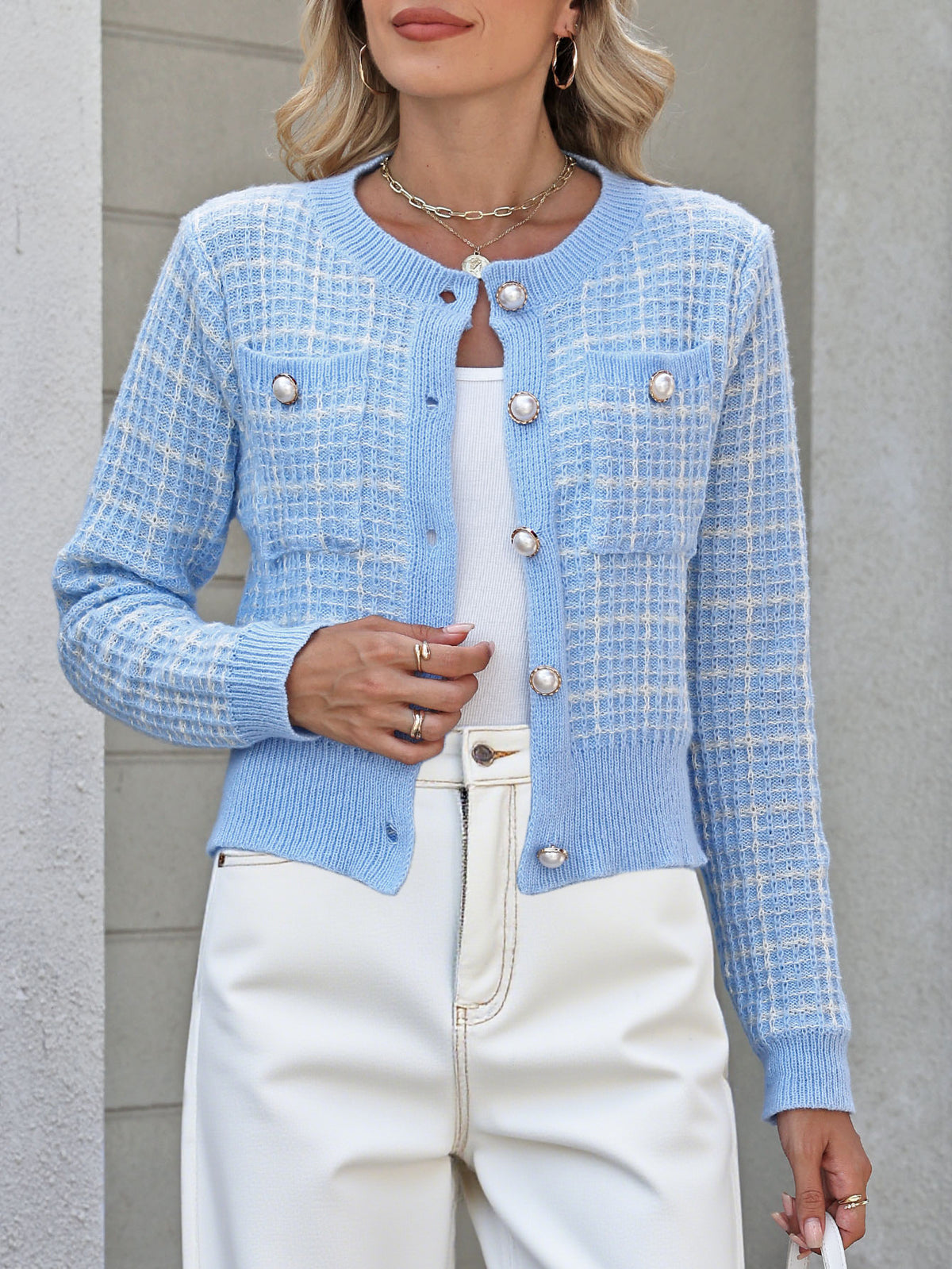 Cropped Windowpane Knit Cardigan With Pearl Buttons - Blue