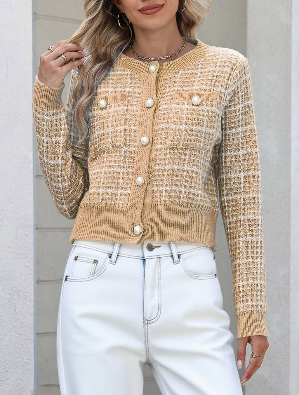 Cropped Windowpane Knit Cardigan With Pearl Buttons - Khaki